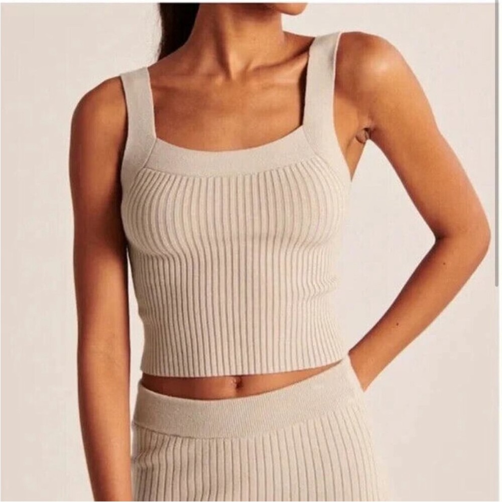 Abercrombie & Fitch Ribbed Square-Neck Crop Top and skirt beige